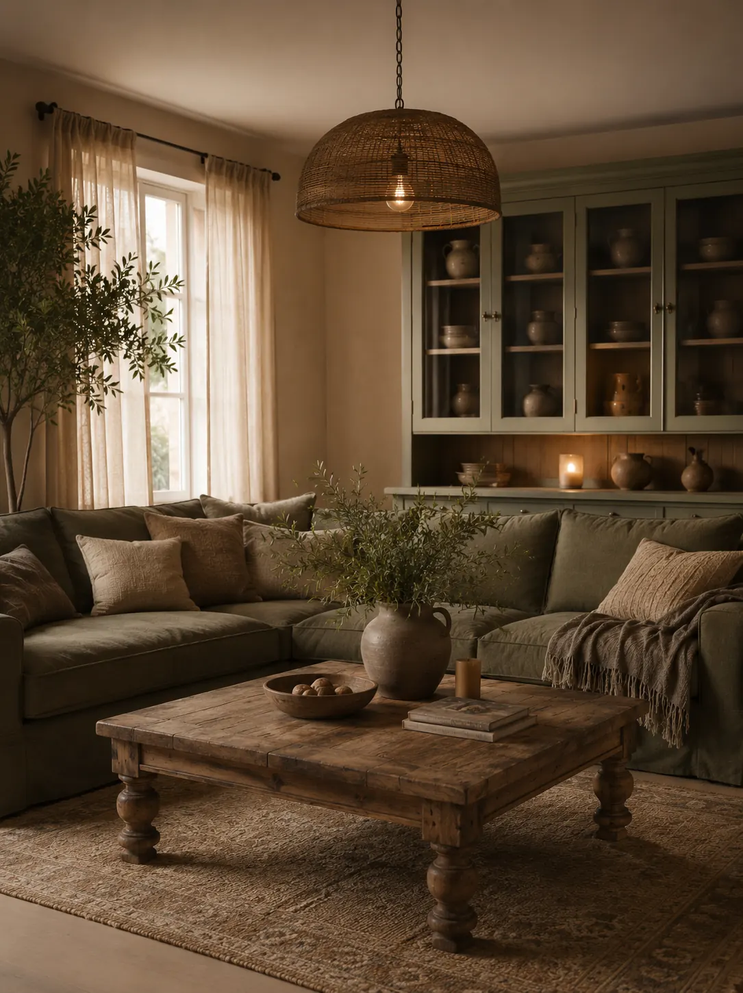 Landelijke woonkamer met salie-groene vitrinekast, olijfgroene bank en houten salontafel