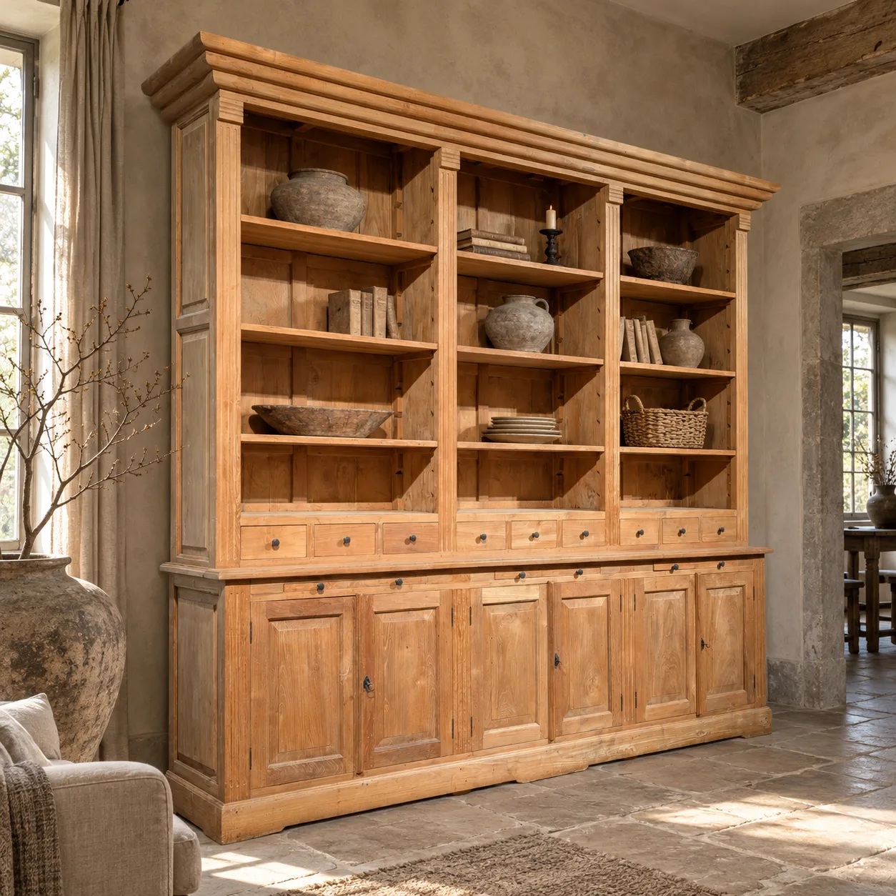 Bibliotheekkast van teakhout – 260 cm breed Teakhouten bibliotheekkast van 260 cm breed met open vakken, negen lades en zes deuren in een landelijk interieur