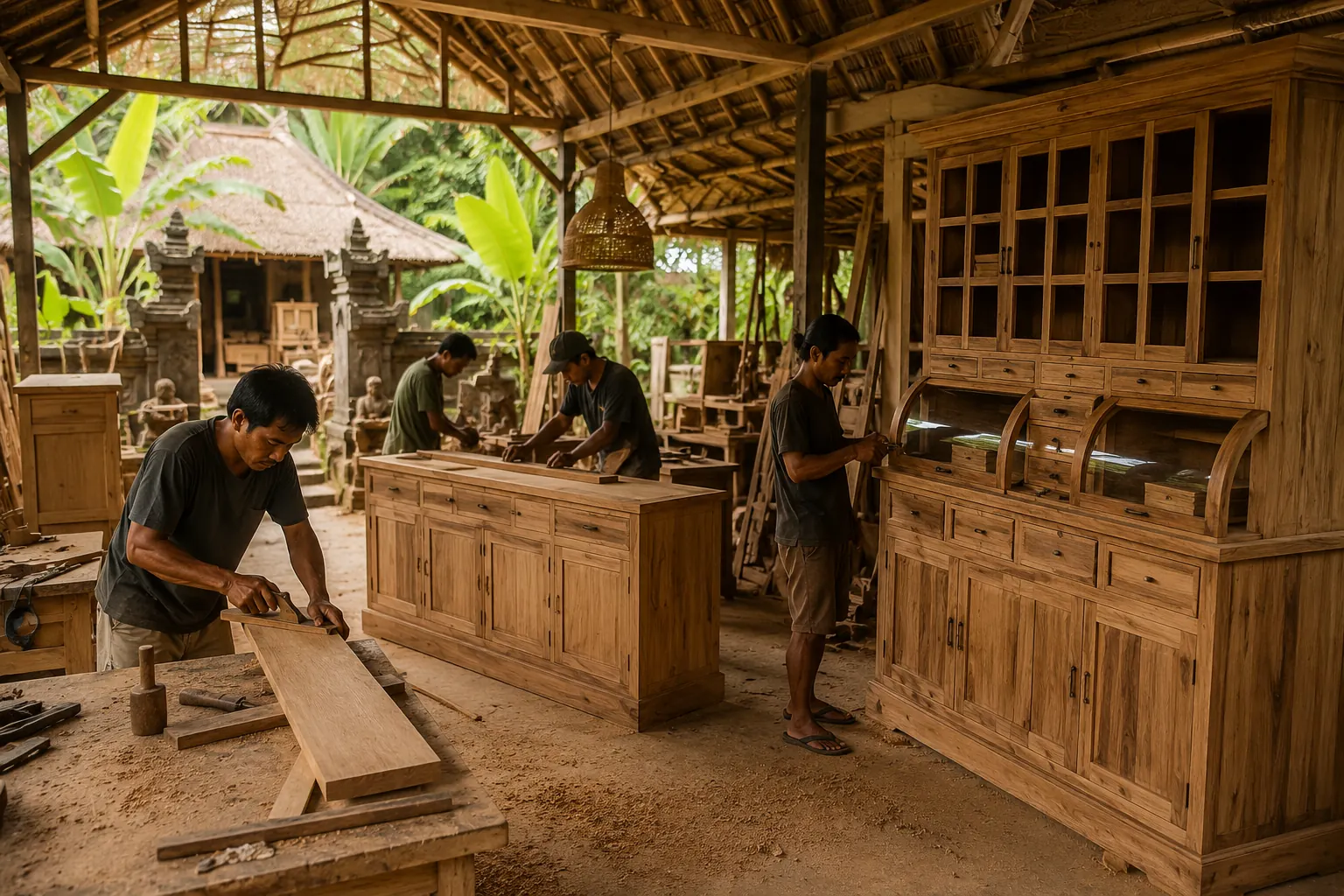 Nieuwe teakhouten kasten net gearriveerd uit de fabriek op Bali