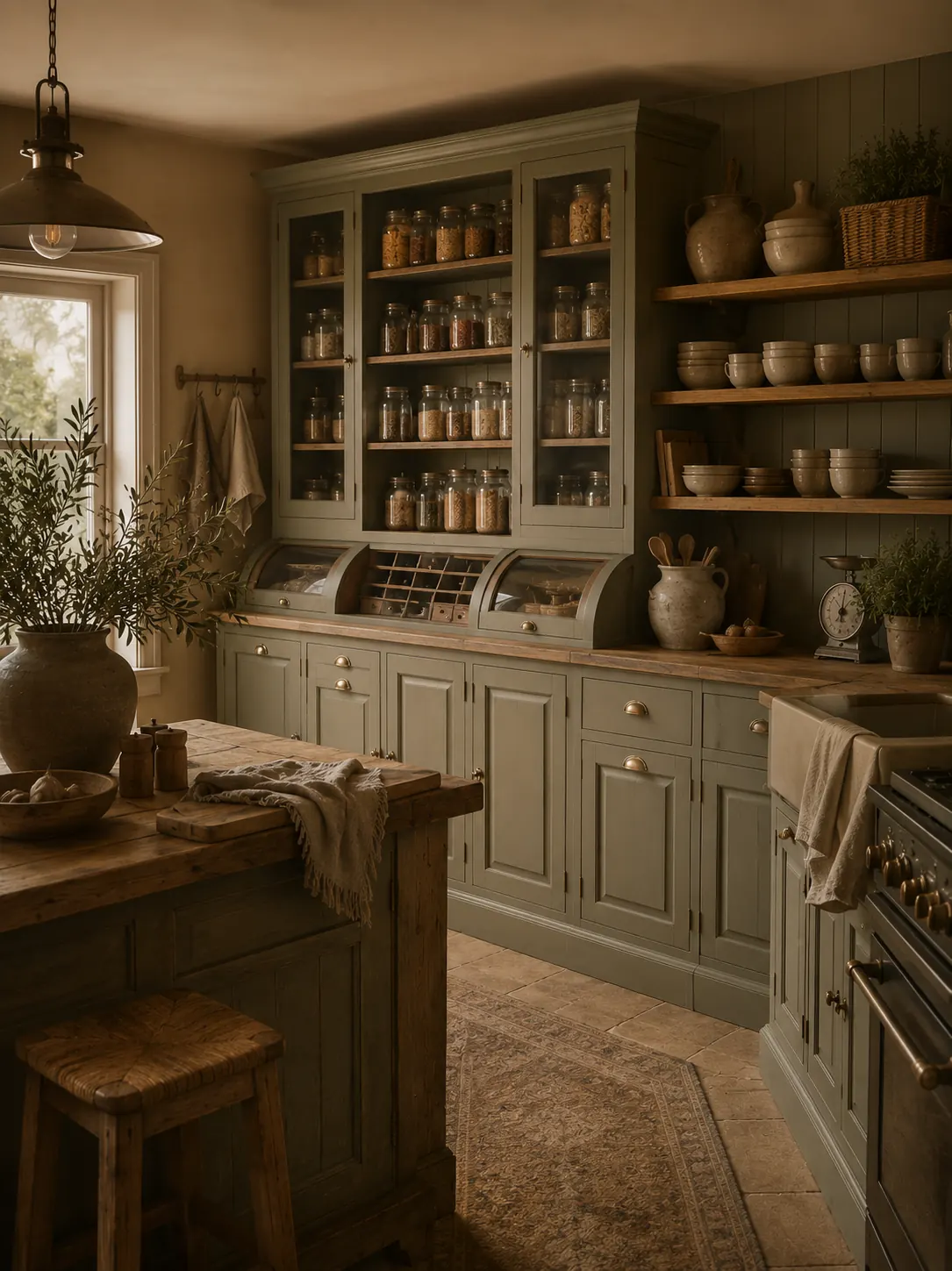 Landelijke keuken met salie-groene grutterskast, voorraadpotten en houten werkblad