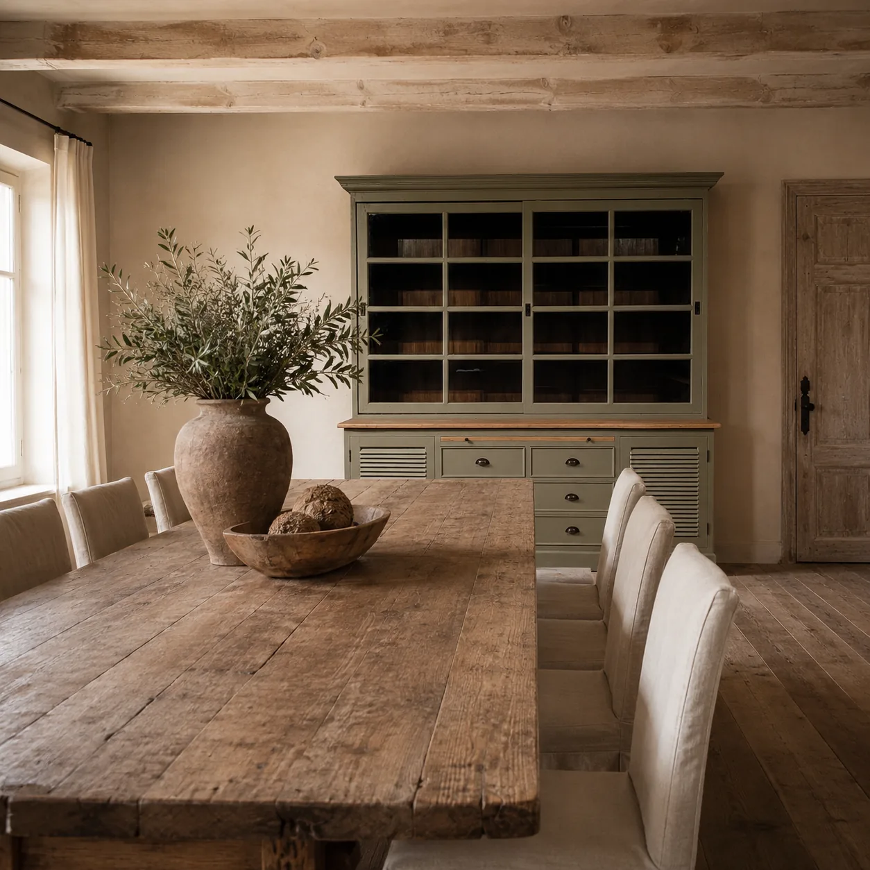Buffetkast teakhout landelijk groen — 230 x 230 x 56 cm Landelijke eetkamer met massief teakhouten buffetkast in saliegroen, glazen schuifdeuren en louvredeuren — sfeerfoto FF Iets Anders