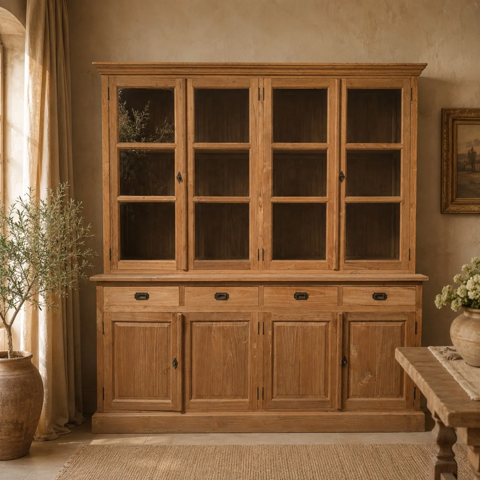 Landelijke houten buffetkast met vitrine en lades