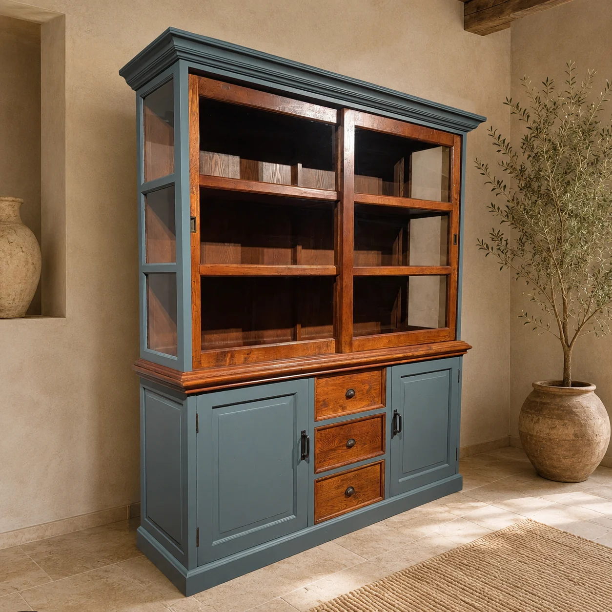 Buffetkast Teakhout Blauwgrijs — landelijke vitrinekast, 224 x 200 x 54 cm Blauwgrijze teakhouten buffetkast met glazen vitrinekast, drie laden en twee onderdeuren